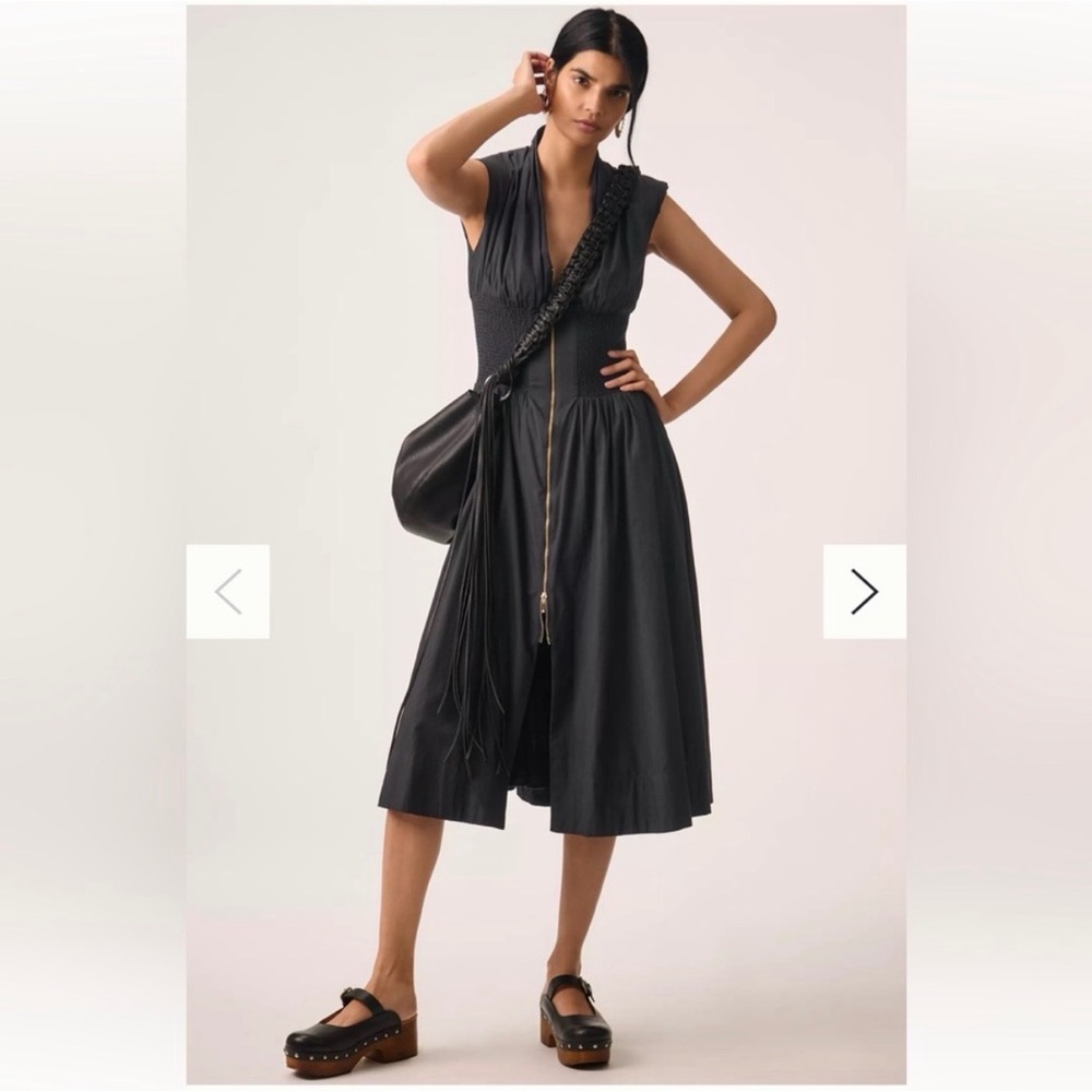 Anthropologie Black Midi Dress with Gold Front Zip